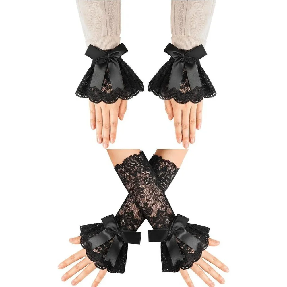 Women's Fingerless Black Bow Lace Gloves Elbow Sleeve Costume Party Prom